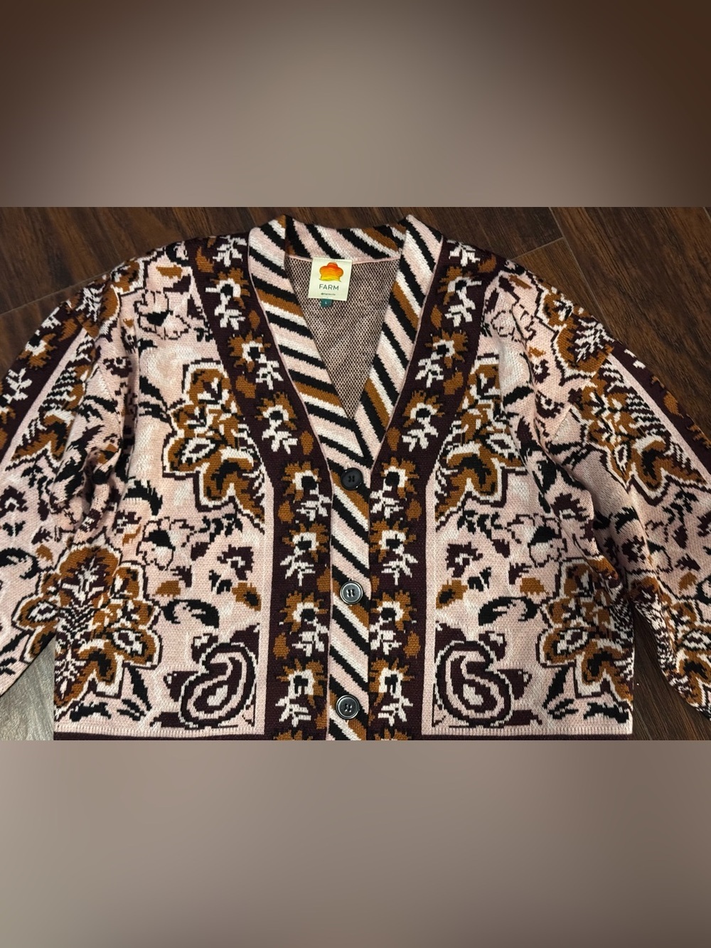 FARM Rio Brown and Cream Patterned V-Neck Cardigan - Picture 7 of 8